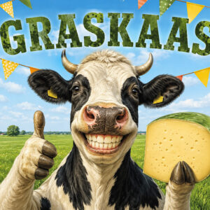 Een vrolijke koe die graskaas aanprijst!