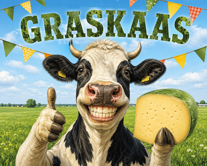 Een vrolijke koe die graskaas aanprijst!