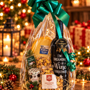 Foto van een overheerlijk kerstpakket met kerstwijn en beemsterkaas