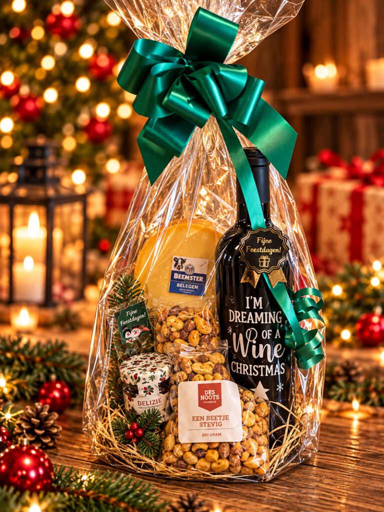 Foto van een overheerlijk kerstpakket met kerstwijn en beemsterkaas